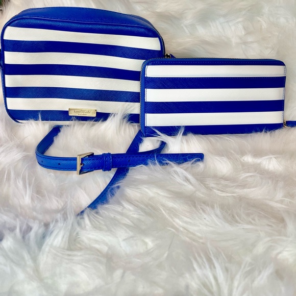 Kate Spade Sunglasses Novelty Bag and wallet Blue and White Striped Bag Set EUC
